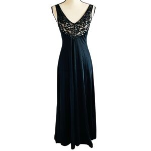 Vintage Olga Black Nylon Lace Long Nightgown